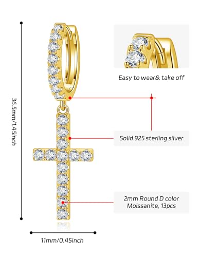 Moissanite Sterling Silver Cross Earrings for Women Huggie Drop - color: Cross Dangle (Gold)