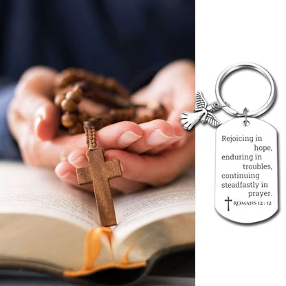 Inspirational Scripture Keychain with Angel Pendant - Bible Verse Key Chain Religious Gift for Christian - style: Romans 12:12