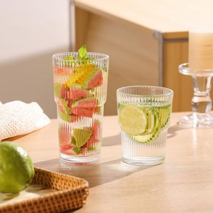Ribbed Glass Tumbler Drinking Glasses with Lids & Straws, Leak-Proof 20oz and 15oz Glass Cups, 2PCS Glass Tumblers, Ideal for Home, Office, Outdoor Use - style: 2PCS-Clear