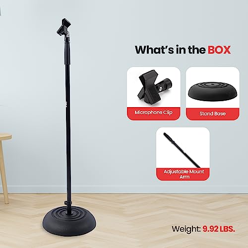 Pyle microphone stand - universal mic stand with compact heavy base, floor standing design, height adjustable, pivot angle clip for singing & recording (2.8' - 5' ft., 9.8" diameter) - size: 1 Pack