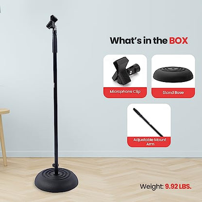 Pyle microphone stand - universal mic stand with compact heavy base, floor standing design, height adjustable, pivot angle clip for singing & recording (2.8' - 5' ft., 9.8" diameter) - size: 1 Pack