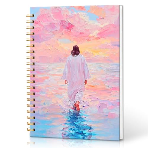 Christian Journal - Spiral Notebook Featuring Jesus Walking on Water, Church Notes Journal, Inspirational Gift for LDS & Church Members, Spiritual Thank You Gifts for Women 5.5x8.2 Inch - color: White Pink, style: Jesus Walking on Water