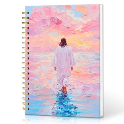 Christian Journal - Spiral Notebook Featuring Jesus Walking on Water, Church Notes Journal, Inspirational Gift for LDS & Church Members, Spiritual Thank You Gifts for Women 5.5x8.2 Inch - color: White Pink, style: Jesus Walking on Water