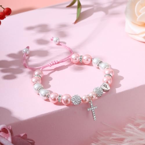 Initial A-Z Cross Bracelet for Girls, Baptism First Communion Confirmation Religious Christian Gifts for Daughter Godchild - color: Initial (A), size: Dear Lord