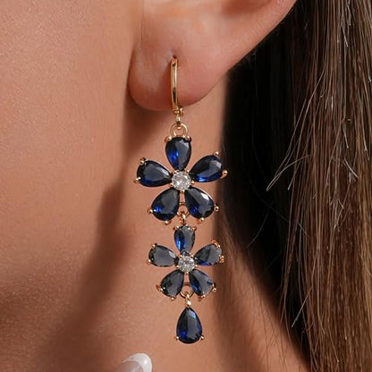 18K Gold Plated, Dangle Earrings for Women, Flower/Heart Drop earrings, Hypoallergenic Cubic Zirconia Earrings, Lightweight, Party, gold earrings, Jewelry for Gifts, Fashion - style: 7098-Blue