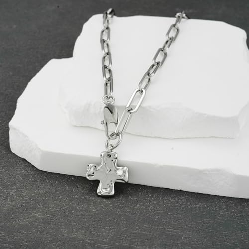 Chunky Cross Necklace for Women, 14K Gold Silver Pendant Necklace - color: White Gold-Lobster Clasp-0.8 inch pendant