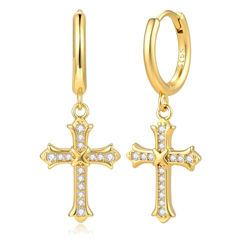 Small Cross 925 Sterling Silver Dangle Drop Earrings for Women Men - color: Gold