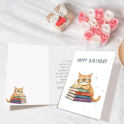 Cute Birthday Card for Cat Lover, Funny Birthday Card for Sister Brother Best Friend Family, Book Bday Card for Men Women, Here Is To Another Chapter - color: Cat Birthday