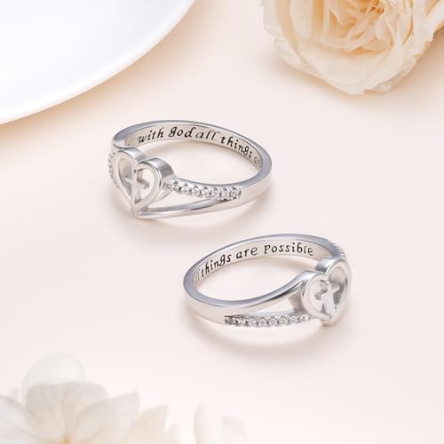 S925 Sterling Silver Christian Cross Heart Faith Bible Verse Ring for Women