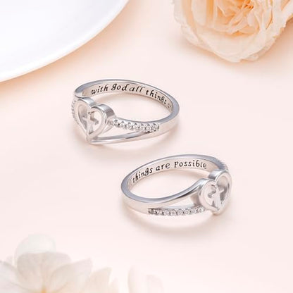 S925 Sterling Silver Christian Cross Heart Faith Bible Verse Ring for Women