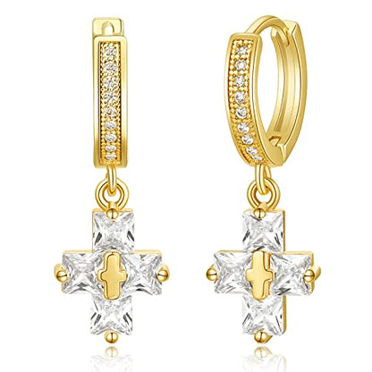 KissYan 14K Gold Plated Huggie Earrings for Women, S925 Sterling Silver Small CZ Cross Hoop Dangle Drop Earrings, Hypoallergenic Dainty Handmade Jewelry - style: Baguette Cross