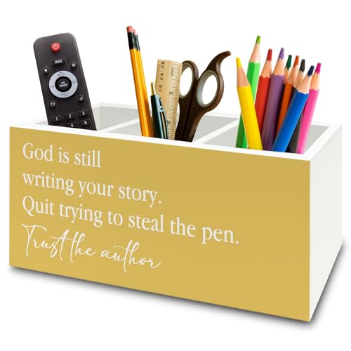 Yellow Christian Inspirational Pen Pencil Holder Organizer for Desk, Christian Office Decor, God Is Still Writing Your Story Bible Verse Wooden Box Sign for Office Home Desk Tabletop Decorations - color: colour52