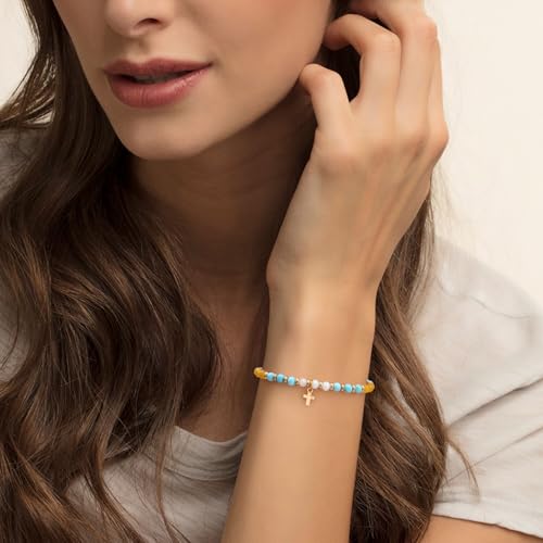 Cross Bracelets for Women Girls, Christian Gifts for Women Natural Stone Beaded Bracelets First Communion Confirmation Baptism Gifts Catholic Easter Christmas Inspirational Gift Jewelry - color: Turquoise - Every Day