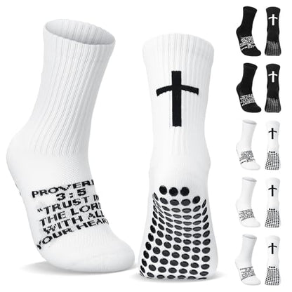Glitopper Cross Grip Soccer Socks Anti Slip Christian Socks with Bible Verse Religious Grip Sports - color: White, style: Proverbs 3:5