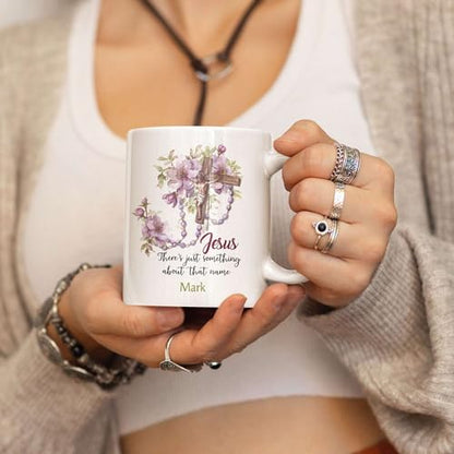 Personalized 11oz & 15oz Ceramic Coffee Cup With Cross & Rosary Design, Customized Name Christian Coffee Mug - color: XUA-324-1555-HOLY CROSS ROSARY MUG