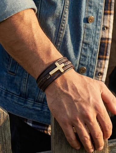 Mens Leather Cross Bracelet Braided Multi Layer Wristband with Stainless Steel Clasp - Christian Religious Gifts for Him(Brown/Black/Blue) - color: Brown Leather&Gold Plated, size: 8.3in(Fits most wrists)