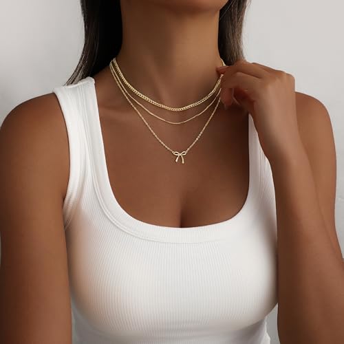 Layered Gold Necklace for Women, 14K Gold Plated Necklace Stack Set, Dainty Pendant Necklace Non Tarnish, Fashion Bow CZ Circle Star Hammered Cross Jewelry Gift for Women - color: Gold-06