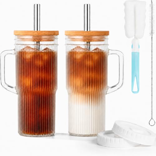 JunVpic Glass Tumbler, 24 oz Ice Coffee Cups with Bamboo Lid and Handle - color: Clear-Ribbed, size: 24oz