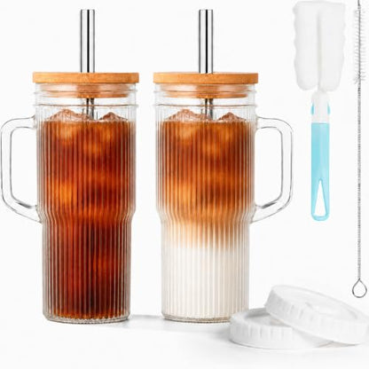 JunVpic Glass Tumbler, 24 oz Ice Coffee Cups with Bamboo Lid and Handle - color: Clear-Ribbed, size: 24oz