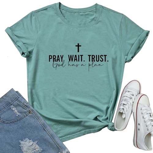 LOOKFACE Women Pray Wait Trust Soft Tees Cute Graphic T Shirts - color: Light Green, size: Small