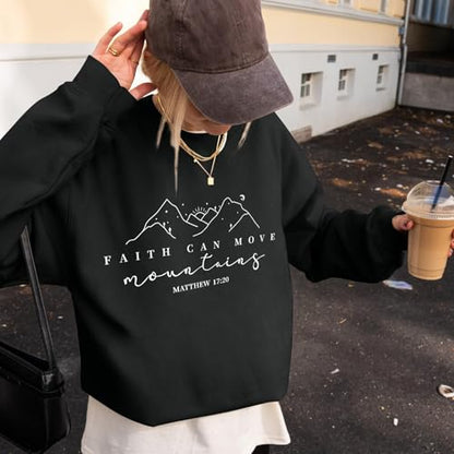 Pairxily Christian Sweatshirts for Women Faith Can Move Mountains Sweatshirt Bible Verse Religious Long Sleeve Crewneck Tops - color: Black, size: Medium