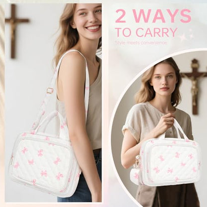 Bible Cover Case for Women Bible Study Supplies Church Camp Essentials Christian Gifts for Women Journaling Kit Quilted Large Bible Book Sleeve (Pink Bow, Large) - color: Pink Bow