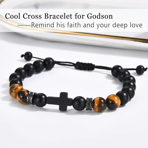 Cross Bracelet Gifts for Men Boys, Cross Beads Bracelet Christian Christmas Easter Basket Stuffers Baptism Jewelry Gifts for Man Him Son Grandson Nephew Brother Godfather Godson - style: Godson
