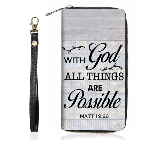 Quote Bible Verse Matthew 19:26 Print Wallet for Women Large Capacity Wallet Credit Card Holder PU Leather Zipper Clutch Purse Phone Wallet - color: Quote Bible Verse Matthew 19:26