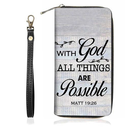 Quote Bible Verse Matthew 19:26 Print Wallet for Women Large Capacity Wallet Credit Card Holder PU Leather Zipper Clutch Purse Phone Wallet - color: Quote Bible Verse Matthew 19:26