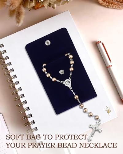 Rosary Beads for Women - Catholic Rosary Beads with Cross, Pink Crystal Rosary Necklace with Velvet Pouch, Religious Gifts for Women - color: Brown