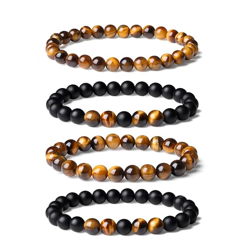 Mens Beaded Bracelets, 8MM Beaded Bracelets for Men, Natural Tiger Eye Bead Bracelet, Stretch Elastic Beads Bracelets for Men - color: 4 tiger eye black agate