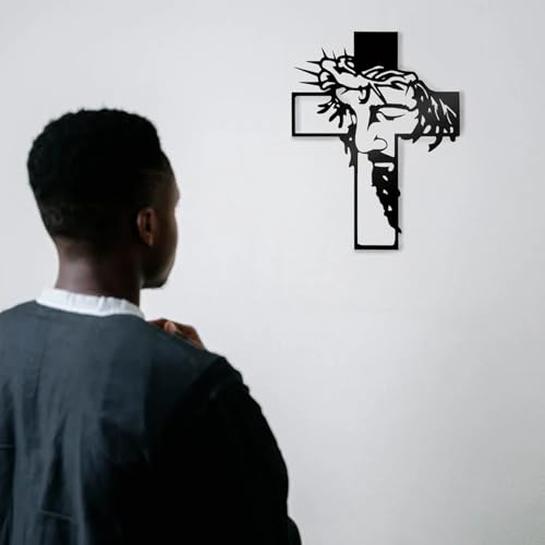Black Jesus Wall Cross Decor Metal Crucifix Wall Hanging Wall Sculpture for Living Room Home Office Thankful Religious Gifts Grateful Blessed Christian Gifts for Women Special Mother's Day Gift Home Decor Entry Way(Size:12.59 * 9.84in)