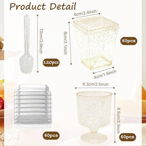 300 Pack Plastic Dessert Cups with Lids and Spoons 5Oz Yogurt Parfait/Appetizer Cup with Round Gold Glitter Serving Goblet cup for Party, Mini Shooter Cups for Fruit Pudding Trifle Ice Cream