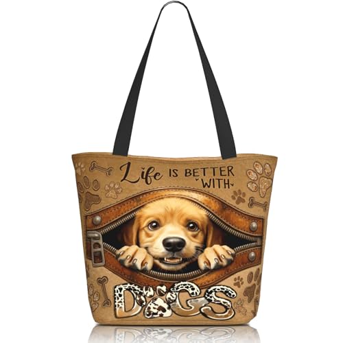 Tote Bag For Women, Tote Bag With Zipper Large Shoulder Bag For Women Travel, Work, Office, College, Nursing - color: Dog Lover