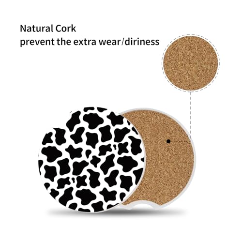 Cute Cow Print Animal Themed Black and White Ceramic Cup Holders Car Coasters Set for Women/Men,Drink Cup Car Holder Coasters with A Finger Notch 2.56" Pack of 2 - color: Cow Print Animal