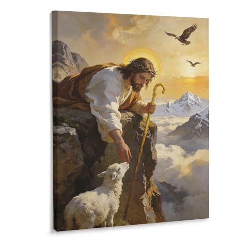 Good Shepherd Jesus Wall Art, Jesus Reaching for Lamb Christian Canvas Wall Art, Religious Wall Decor for Living Room Bedroom Church, Inspirational Jesus Oil Painting Gift for Christian Men Women Family - color: Good Shepherd Wrapped, size: 16"L x 12"W