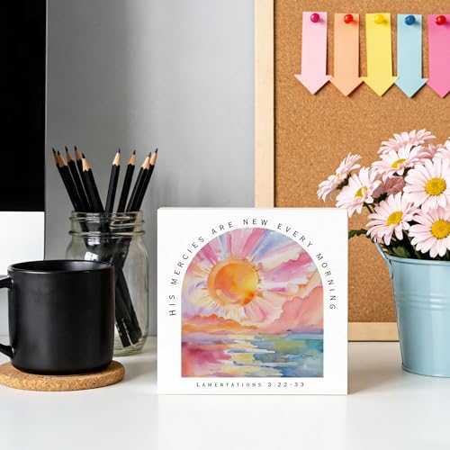 Christian Bible Verse Decor Wooden Box Sign 5x5 Inch, His Mercies Are New Every Morning Lamentations 3:22-23 Scripture Decorative Wood Signs for Home Office Desk Tabletop Shelf Decorations - color: Wooden Box Sign H