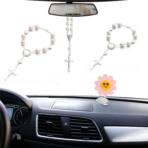 2-Piece Car Rosary & Cross Pendant Car Accessories, Rearview Mirror Hanging Ornament (White) - color: White