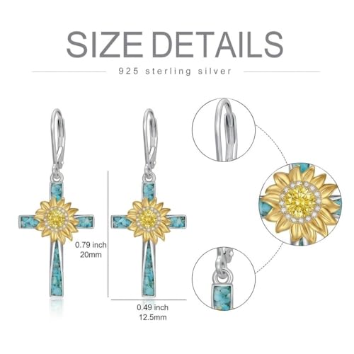 Sunflower Earrings 925 Sterling Silver Genuine Turquoise with Cross Drop Earrings for Women
