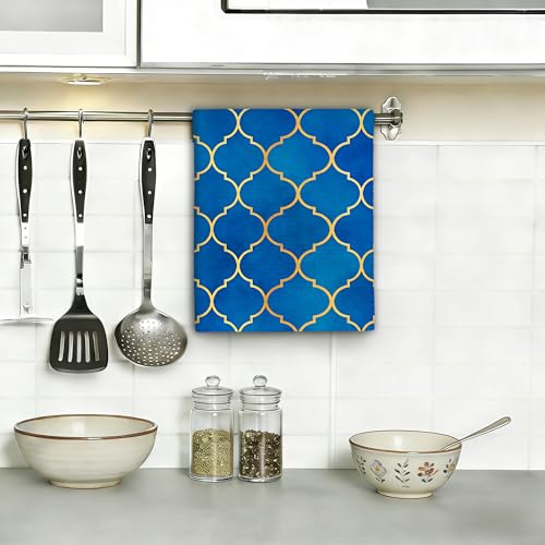 Moroccan Blue Gold Kitchen Dish Towels,Farmhouse Hand Towels 16x24 Inch Decorative Absorbent Dish Cloth for Cooking Baking Cleaning Bathroom Decor Set of 2 - color: Moroccan Blue Gold