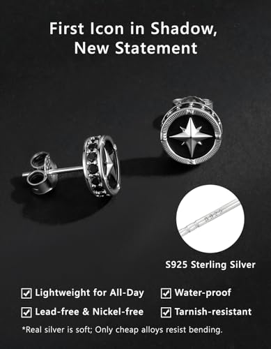 KRKC&CO Earrings for Men, Sterling Silver Earrings Studs, Hypoallergenic - color: Black A