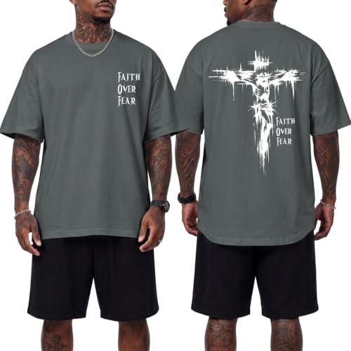 BINTEHGS Christian Faith Over Fear Shirt Jesus Cross T Shirts for Mens Oversized Religious Tshirts God Vintage Graphic Tee - color: Dark Gray, size: Small
