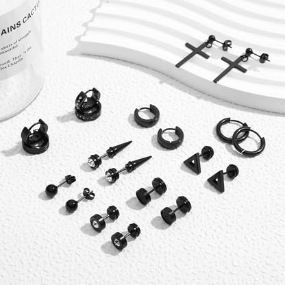NEWITIN 24 Pairs Stainless Steel Earrings for Men Hypoallergenic Inlaid Cubic Zirconia Studs Hoop Earring Cross Dangle Earrings Unisex Punk Stud Earring for Women Men - color: Different Black