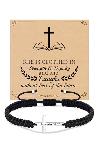 Christian Gifts Cross Bracelet for Men Easter Baptism Religious Gifts for Women Handmade Braided Bracelets Inspirational Confirmation Gifts for Teenage Girl Boys Jewelry - color: Silver, style: Proverbs 31:25
