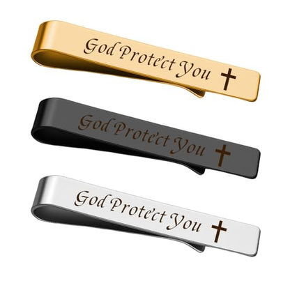 Man Of God Tie Clips 3 Set - Godfather Godson Christmas Engraved Gifts for Men Son Husband Dad Birthday Gifts from Wife - style: god protect you set