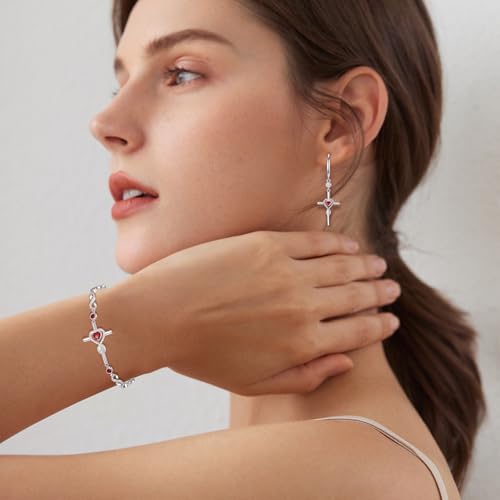 FANCIME Gift for Women Cross Dangle Drop Earrings 925 Sterling Silver Heart Birthstone Earring Fine Jewelry Birthday Gifts for Her Women - color: 01-Garnet