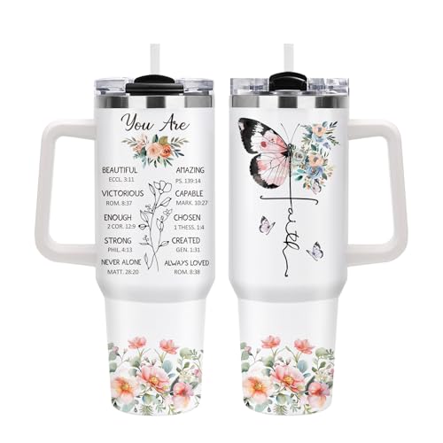 Christian Gifts for Women, 40oz Religious Butterfly Floral Tumbler with Handle, Christ Faith Bible Verse Insulated Travel Mug, Inspirational Spiritual Mother's Day Present for Mom Grandma Sister - color: Religious-D-356-E
