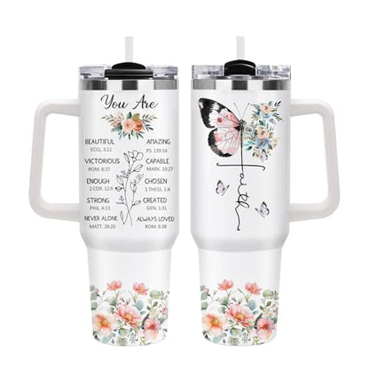 Christian Gifts for Women, 40oz Religious Butterfly Floral Tumbler with Handle, Christ Faith Bible Verse Insulated Travel Mug, Inspirational Spiritual Mother's Day Present for Mom Grandma Sister - color: Religious-D-356-E