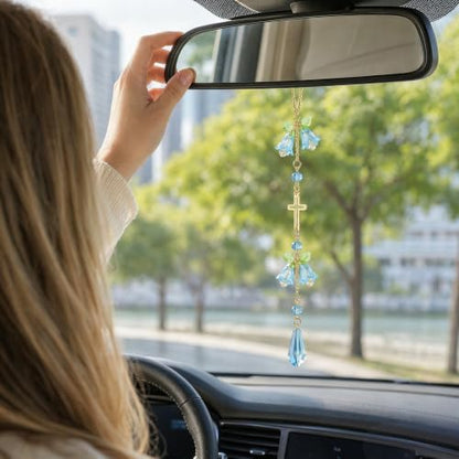 Cross Car Rearview Mirror Charm Blue Lily of Valley Crystal - color: Blue - Flower