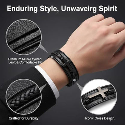 Stainless Steel Braided Leather Bracelet for Men Cuff Bangle Cross - color: 1-black